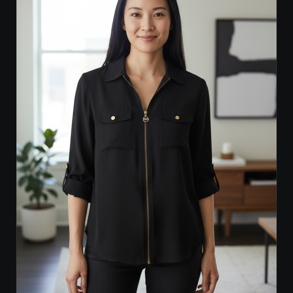Michael Kors Black  Zip-Up Blouse with Gold Accents​​
